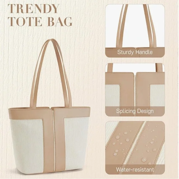 *New* Quilted Shoulder Bag/Tote Bag W/ Zipper - Tan and Beige - Picture 4 of 7